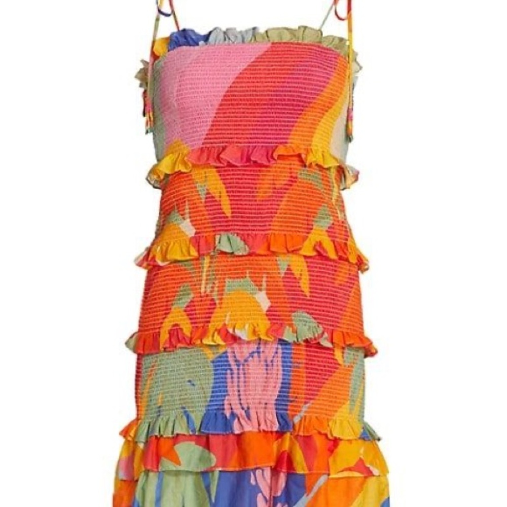 Farm Rio “Tropical Sunset” Smocked Ruffle Mini Dress Size L - Picture 7 of 8